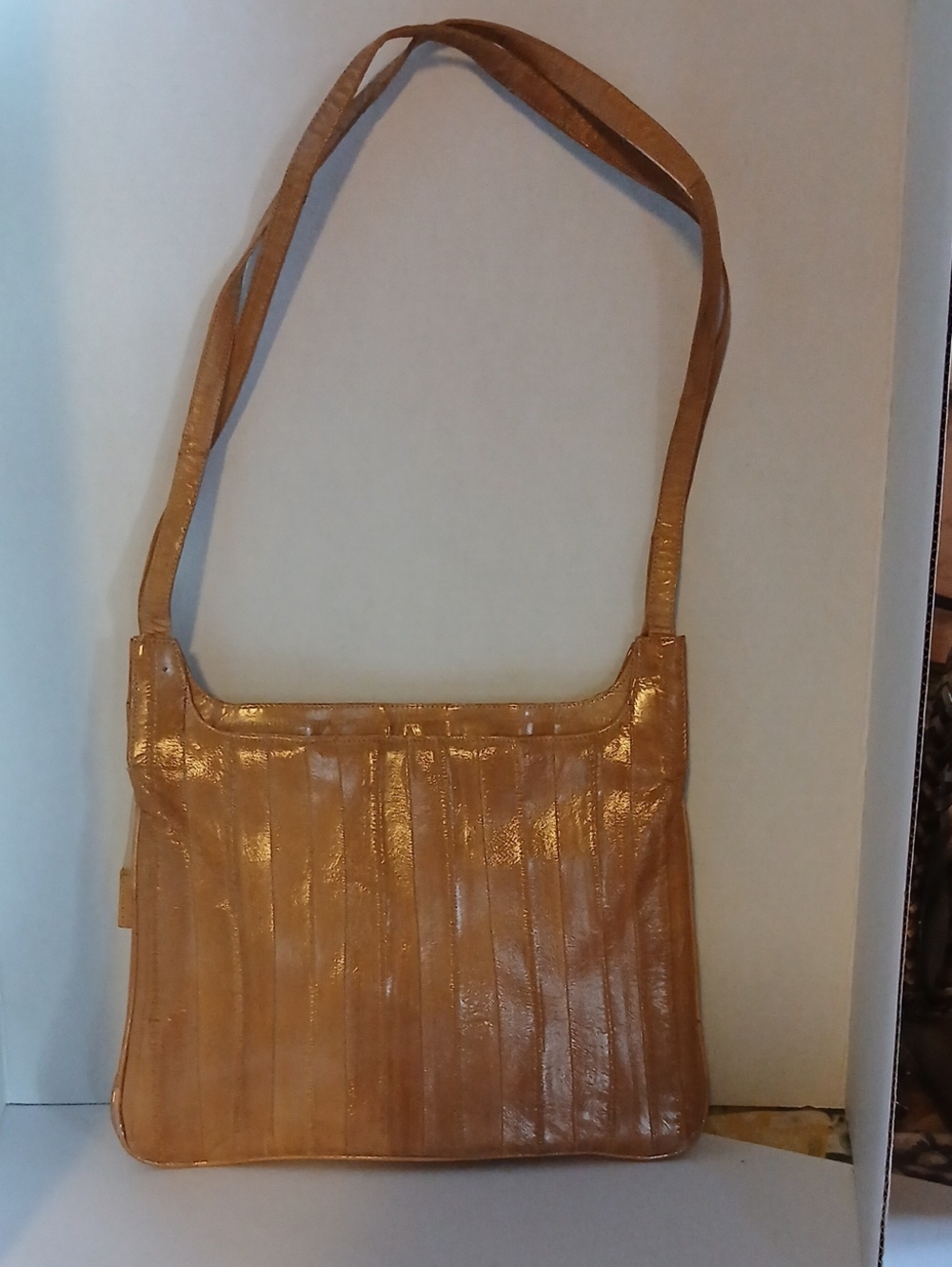 Sleek Eel Skin Tan Shoulder Bag with Pleated Panel